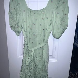 Pale Green Floral Midi Dress with Ruffles and a Belt